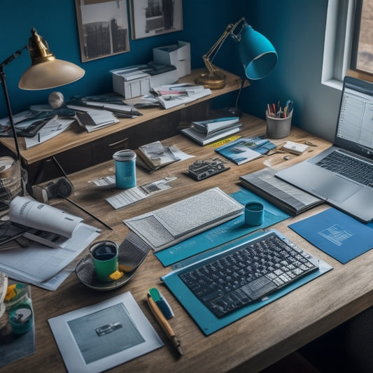 A cluttered home office desk with a laptop, scattered papers, and a half-built spreadsheet on the screen, surrounded by renovation tools, paint swatches, and architectural blueprints.