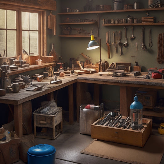 A cluttered, yet organized, workshop scene with various home renovation materials and tools scattered across a wooden workbench, shelves, and floor, with a faint blueprint in the background.
