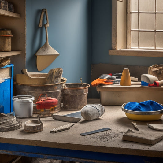 A tidy workbench with various decorative plaster wall renovation tools, including a hawk, trowel, putty knife, sanding block, and joint knife, surrounded by a bucket of plaster and a dust mask.
