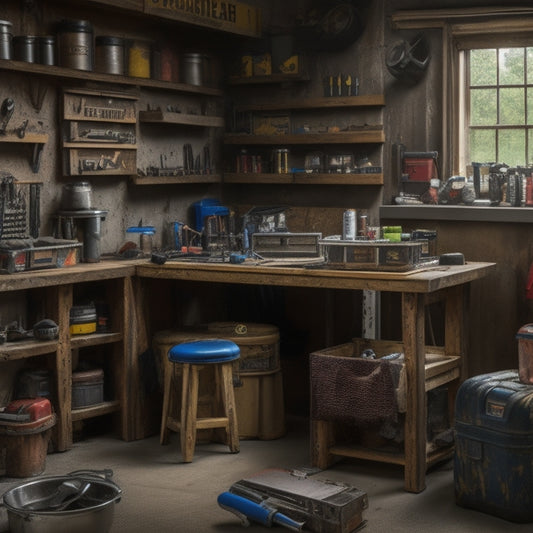 A cluttered yet organized corner of a workshop or garage, with a wooden workbench, metal toolbox, and various tools scattered around, including a tape measure, level, pliers, and a cordless drill.