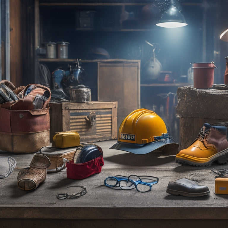A cluttered workshop background with a central focal point: a neatly organized table displaying a hard hat, safety goggles, dust mask, heavy-duty gloves, steel-toed boots, and a first aid kit.