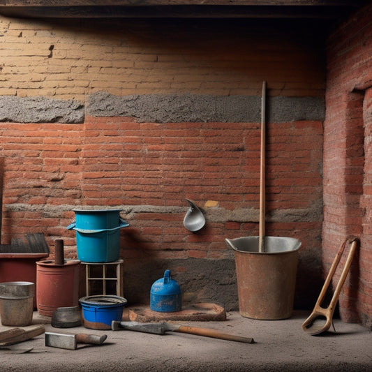 An image depicting a dusty, worn brick wall in the background, with a variety of renovation tools and materials scattered in the foreground, including a trowel, level, hammer, and buckets of mortar and paint.