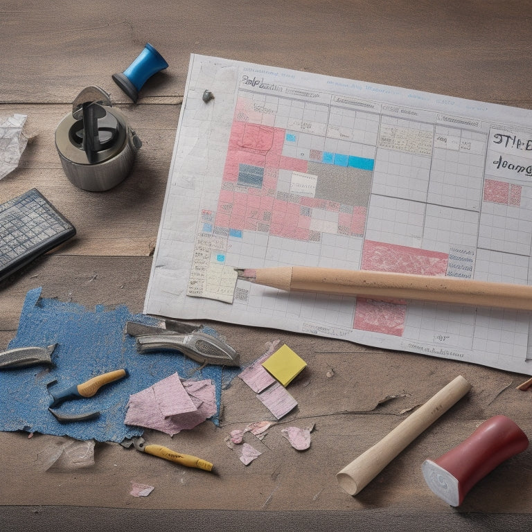 A calendar with torn-out wallpaper and scattered construction tools in the background, overlaid with a grid of colorful sticky notes and a pencil, surrounded by crumpled blueprints and a miniature hammer.