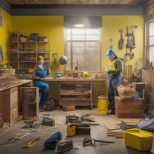 A cluttered home renovation workspace with a person in the center wearing a yellow hard hat, safety goggles, earplugs, gloves, and a dust mask, surrounded by power tools and construction materials.