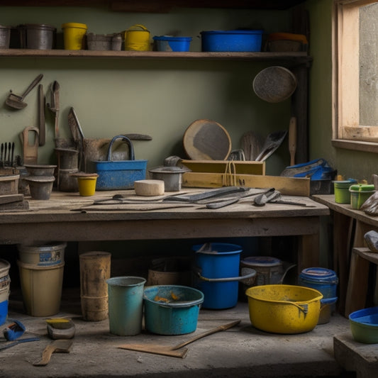 A cluttered, yet organized, workbench with an assortment of plastering tools, including a putty knife, trowel, and joint knife, surrounded by buckets, mixing sticks, and a half-finished plastered wall in the background.