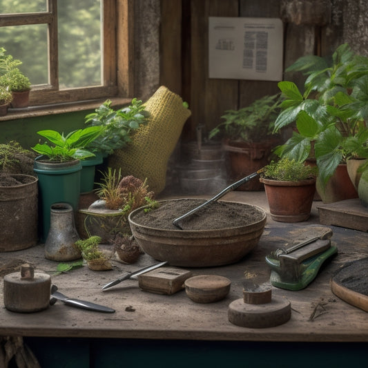 A cluttered workbench with scattered planter renovation tools, including a rusty old trowel, a worn-out pruning saw, and a half-empty bag of potting soil, surrounded by potted plants with overgrown weeds.