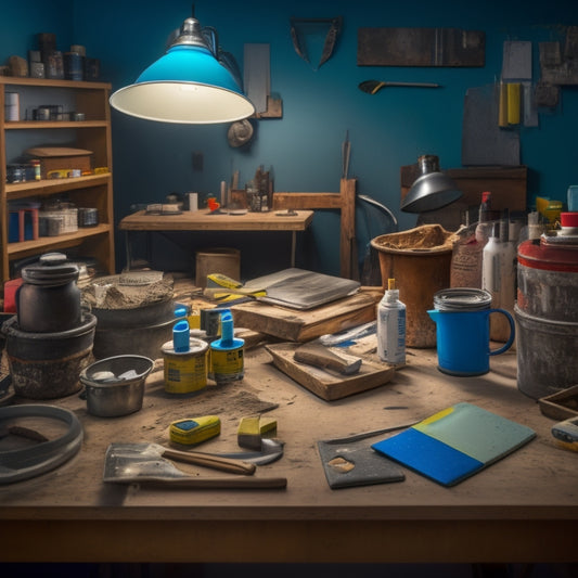 A cluttered, well-lit workshop table with an assortment of affordable texturing tools, including a putty knife, trowel, and texture sprayer, surrounded by renovation materials like drywall compound and paint swatches.