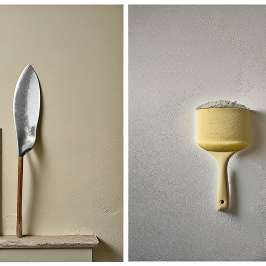 A split-screen image with a cracked, yellowed plaster wall on the left and a renovated, smooth, creamy-white wall on the right, with three tools lying in front: a trowel, a putty knife, and a sanding block.