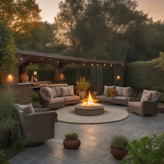 A serene outdoor space with a newly renovated block patio, surrounded by lush greenery, featuring a statement fire pit, comfortable seating, and warm string lights, set against a warm sunset backdrop.