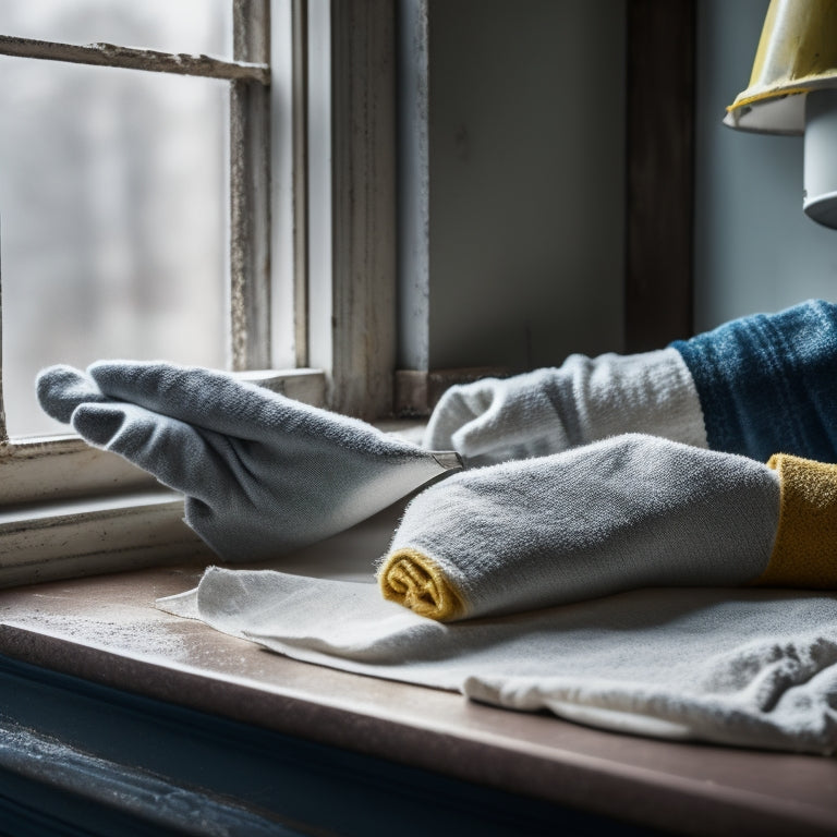 A close-up of gloved hands carefully scraping peeling lead paint from a windowsill, with a drop cloth,masking tape, and a HEPA vacuum nearby. Soft, natural lighting. Realistic style, high detail.