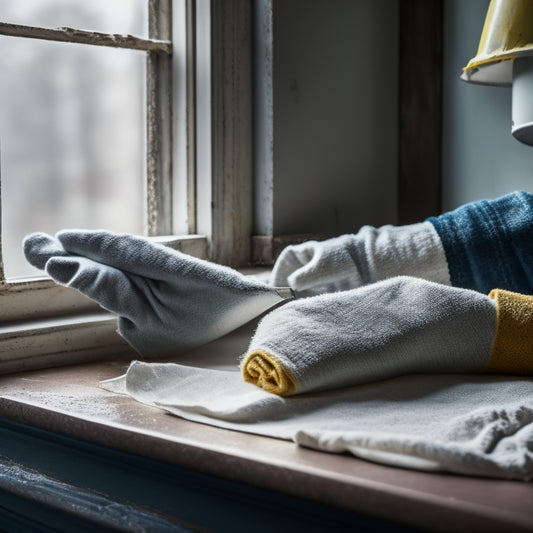 A close-up of gloved hands carefully scraping peeling lead paint from a windowsill, with a drop cloth,masking tape, and a HEPA vacuum nearby. Soft, natural lighting. Realistic style, high detail.