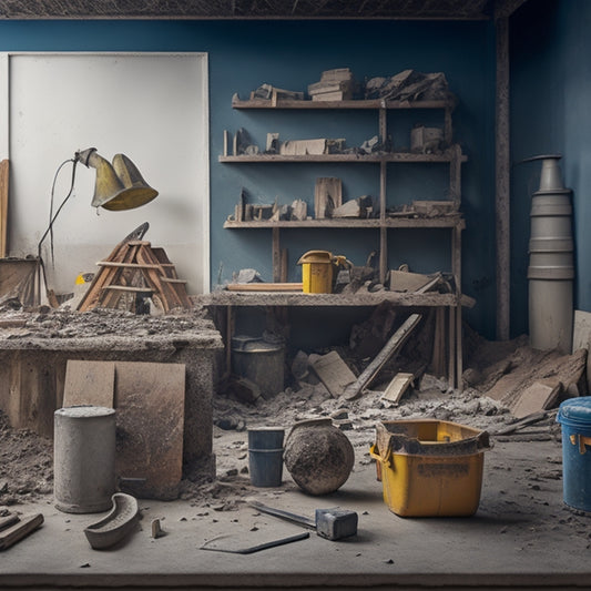 An image of a chaotic construction site with a half-demolished wall, scattered tools, and a broken vase, contrasted with a calm, organized area in the background with a tidy toolbox and a blueprint.