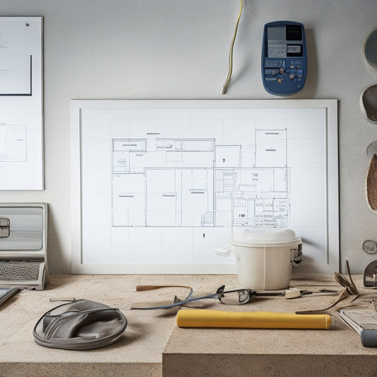 A clean and modern home renovation site with a partially demolished wall, exposed wiring, and scattered tools, surrounded by a Blueprint, Stopwatch, and a Tablet with a project schedule open.