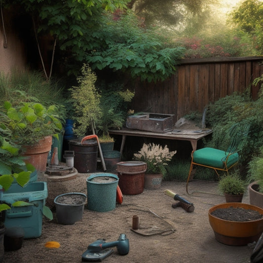 A messy backyard with broken patio furniture, overgrown plants, and a cracked concrete pathway, surrounded by scattered renovation tools, contrasting with a sleek, organized toolbox in the corner.