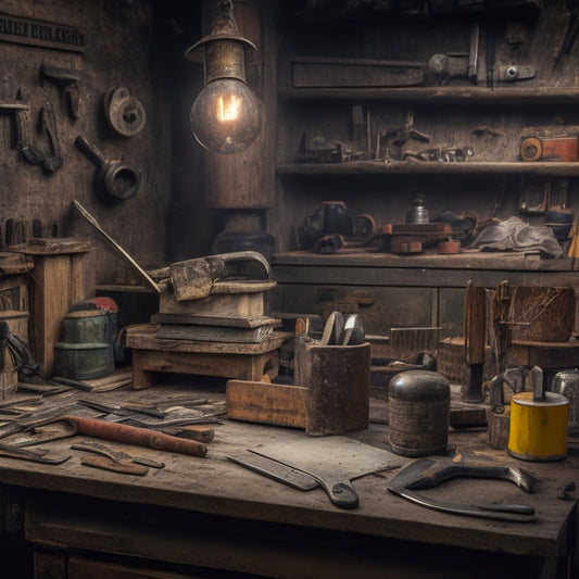A cluttered workbench with a tape measure coiled around a rusty old hammer, surrounded by scattered levels, pliers, wrenches, and a carpenter's square, with a partially built wooden shelf in the background.