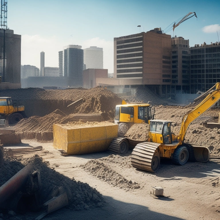 A cluttered construction site with a partially demolished building in the background, surrounded by various excavation tools and machinery, including a backhoe loader, jackhammers, and safety gear.