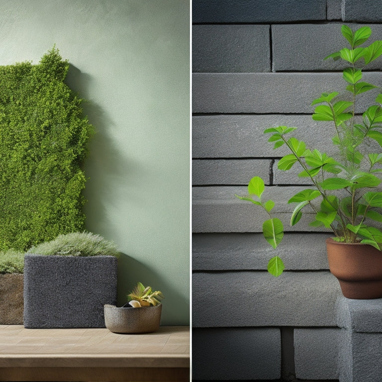 A split-screen image featuring a Before scene with a drab, gray cinder block wall with cracks and moss growth, alongside an After scene with a refinished wall in a warm, earthy tone, adorned with greenery and wooden accents.