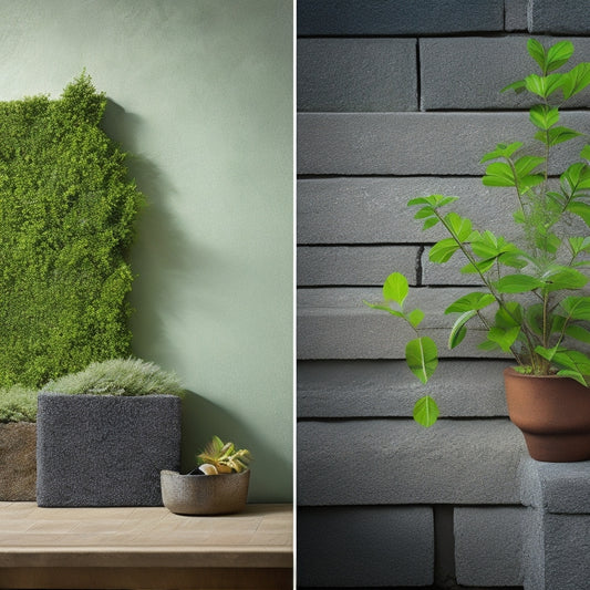 A split-screen image featuring a Before scene with a drab, gray cinder block wall with cracks and moss growth, alongside an After scene with a refinished wall in a warm, earthy tone, adorned with greenery and wooden accents.