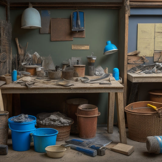 A cluttered workbench with various stucco renovation tools, including a hawk, trowel, and float, surrounded by buckets of stucco mix, wire mesh, and scattered renovation plans.