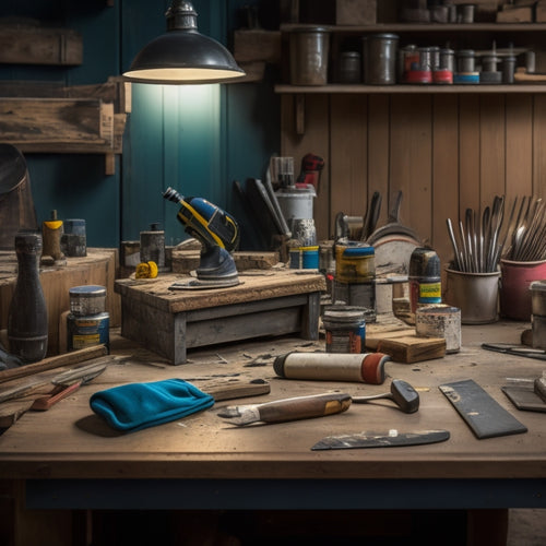 A cluttered but organized workshop table with various budget-friendly finishing tools, including a cordless drill, level, putty knife, sandpaper, and a paintbrush, amidst a backdrop of renovation materials like drywall and lumber.