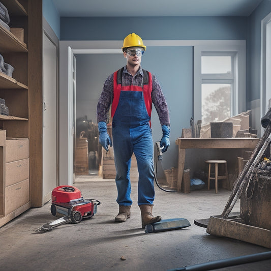 An image of a person wearing safety goggles and gloves, holding a walk-behind edger, standing in a room with a newly renovated floor, surrounded by tools and construction materials.
