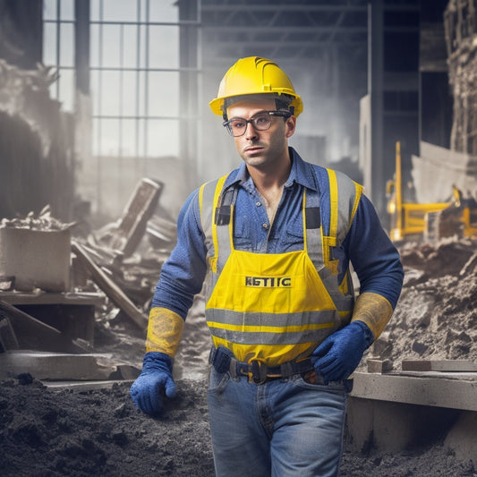 An image depicting a DIY renovator wearing a hard hat, safety glasses, and gloves, standing amidst a cluttered construction site with caution tape, warning signs, and a partially demolished wall.