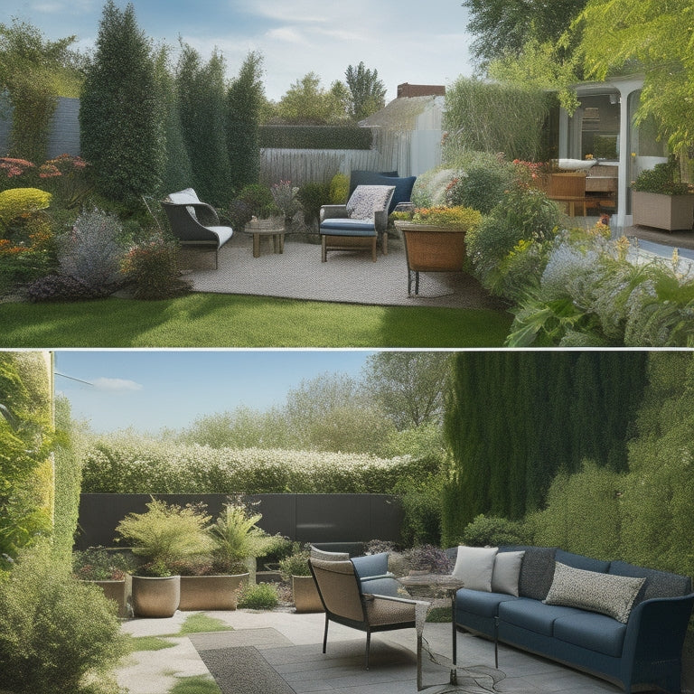 A split-screen image featuring a cluttered, overgrown backyard with a rundown patio on one side and a beautifully renovated outdoor space with a modern patio set, lush greenery, and a sunny sky on the other.