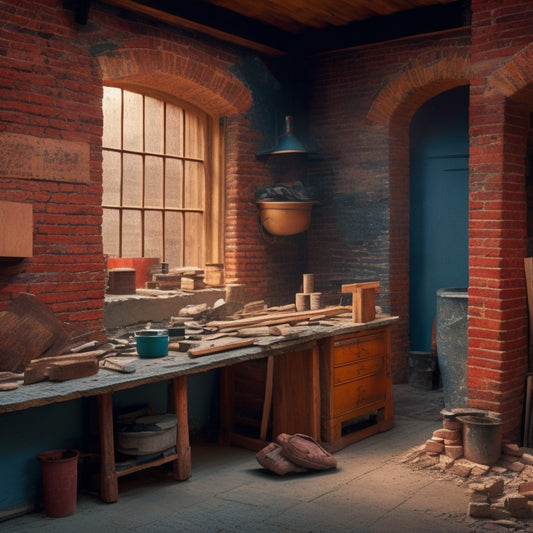 A cluttered masonry workshop with a renovated wall in the background, featuring a level, trowel, jointer, and hammer arranged on a wooden workbench amidst scattered bricks and mortar.