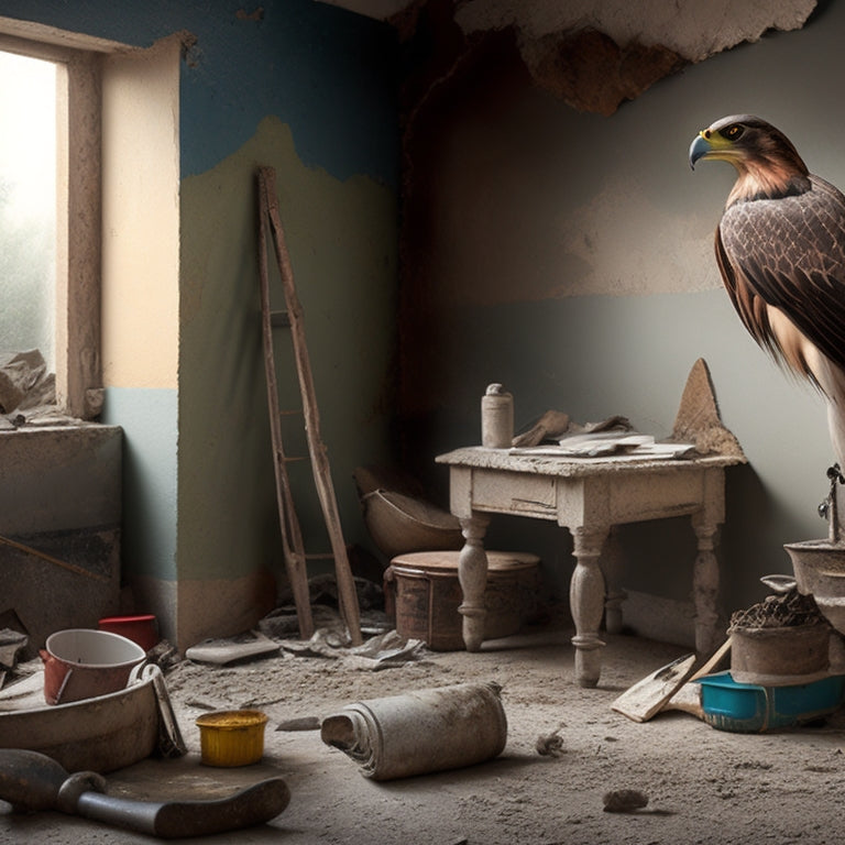 A cluttered stucco renovation workspace with scattered tools, including a hawk, trowel, and mixing bucket, amidst a backdrop of torn and damaged stucco, with a faint outline of a renovated wall in the distance.