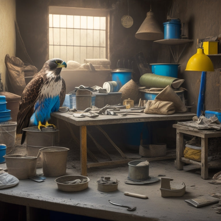 A cluttered workshop table with various plastering tools, including a hawk, trowel, and level, surrounded by bags of plaster, buckets, and a ladder in the background.