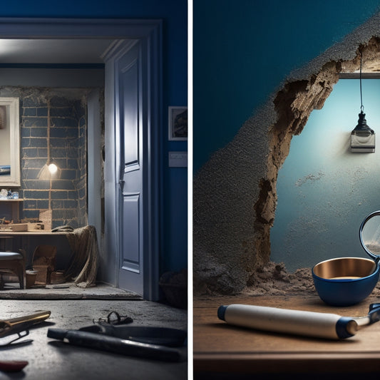 A split-screen image: a cracked wall with a magnifying glass hovering above, versus a renovated room with a tablet displaying a crack detection app, surrounded by DIY tools and a satisfied homeowner.