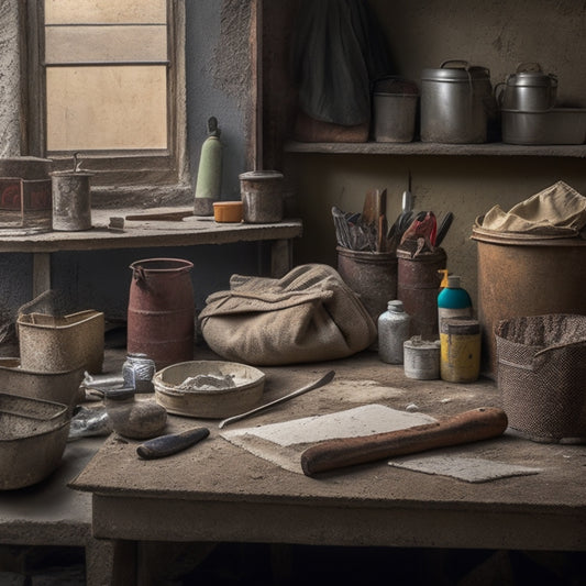 A cluttered but organized workspace with a mix of new and worn plastering tools, including a hawk, trowel, joint knife, and mixing bucket, surrounded by bags of plaster and a partially plastered wall.