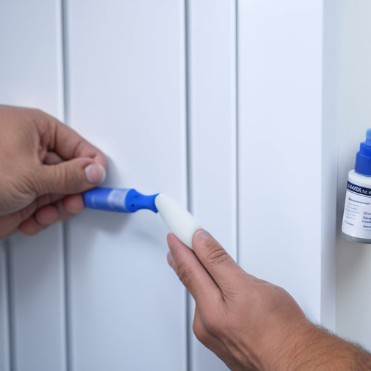 A close-up of a person's hand applying a sealant to a crack in a white wall, with various sealant products and tools scattered around, and a blurred background of a renovated room.
