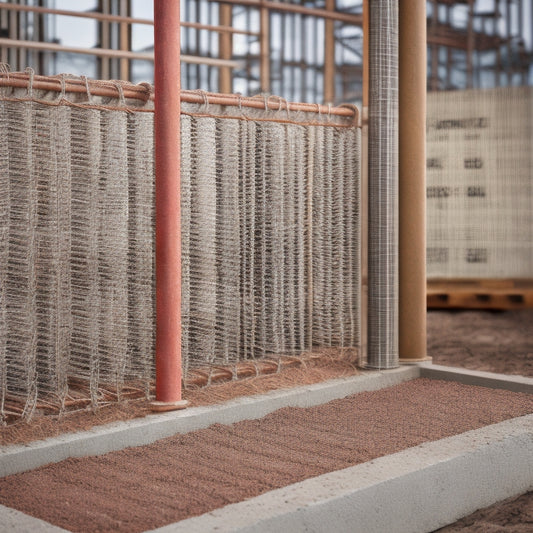 A detailed illustration of a house's concrete bond beam, showcasing horizontally laid rebar, tightly wrapped wire mesh, and strategically placed anchor bolts, amidst a backdrop of renovation construction materials.