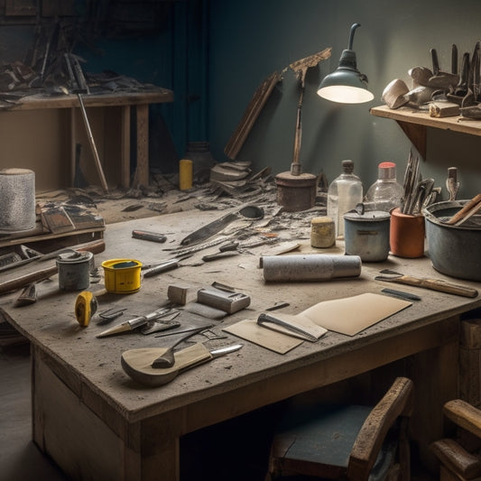 A cluttered workshop table with various tools and materials, including a putty knife, joint compound, and a level, surrounded by ripped drywall and scattered screws, with a faint outline of a wall in the background.