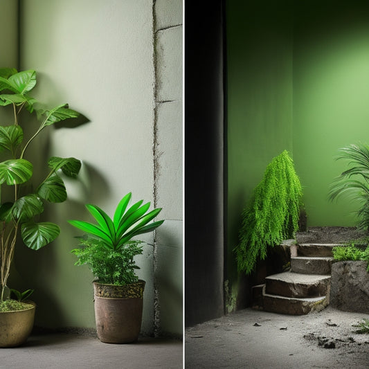 A split-screen image featuring a cracked, worn-out cinder block wall on the left, and a renovated wall with fresh paint, sleek lighting, and lush greenery on the right, showcasing a dramatic transformation.