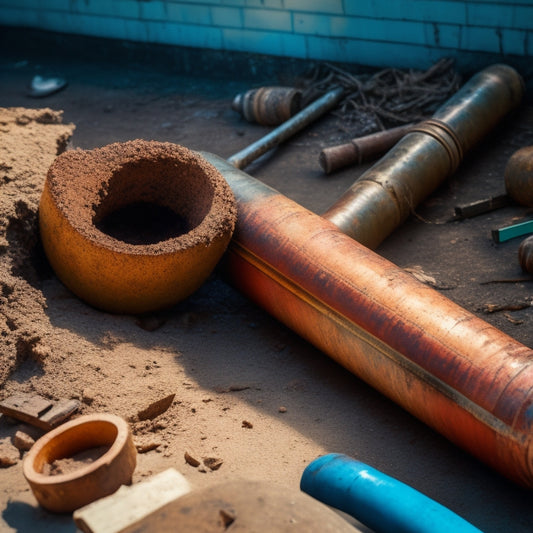 A worn, rusty pipe with cracks and corrosion, lying next to a new, shiny polyurethane tube, surrounded by scattered renovation tools and a faint background of a house under repair.