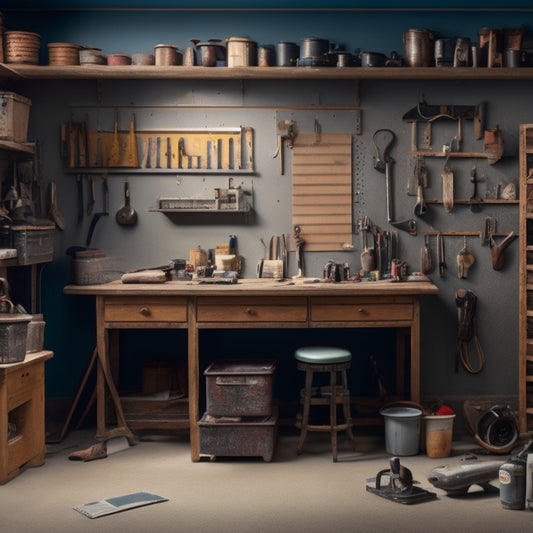 A cluttered workshop backdrop with various renovation tools and equipment organized in a tidy, labeled pegboard, amidst a subtle hint of a renovated room's flooring and walls in the background.