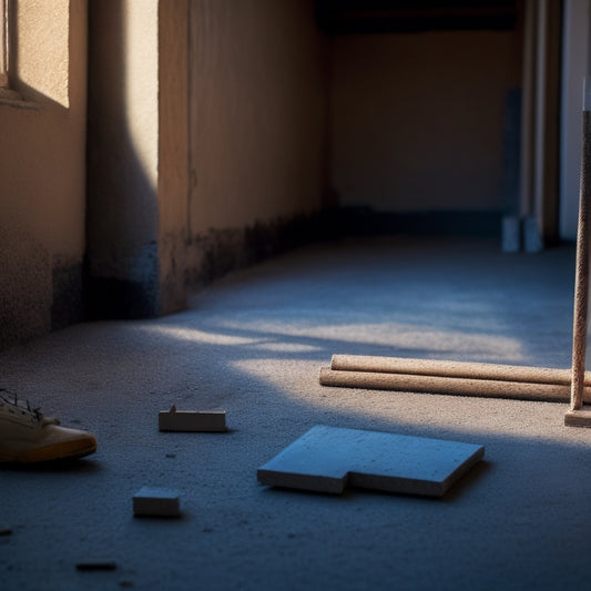 A worn, wooden-handled block raking tool lies on a dusty, renovated floor, surrounded by scattered concrete blocks, with a faint outline of a renovated room in the background.