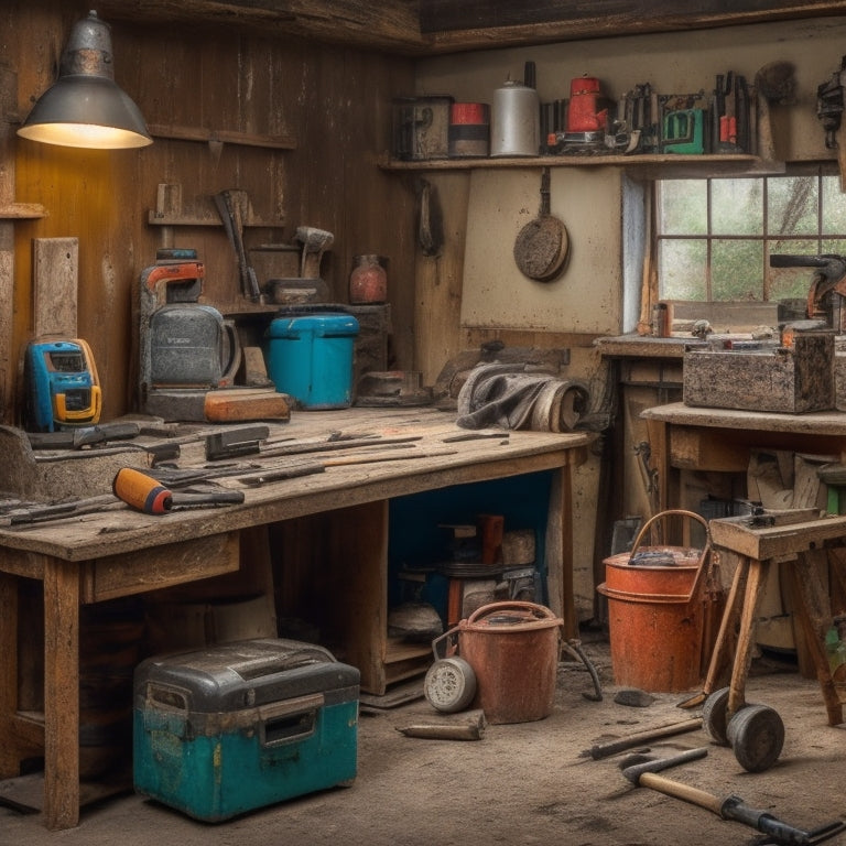 A cluttered workshop with a half-renovated wall in the background, surrounded by various tools like a cordless drill, laser level, and spirit level, with a worn-out carpenter's belt on a rusty workbench.