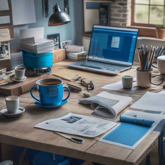 A cluttered workspace with scattered renovation tools, a laptop open to a budgeting website, and a blueprint of a home in the background, surrounded by coffee cups and crumpled papers.