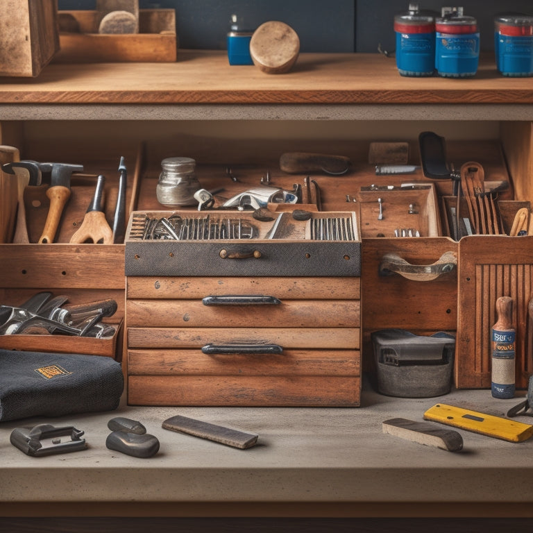 A tidy toolbox with categorized compartments, labeled drawers, and a pegboard showcasing neatly arranged tools, such as wrenches, hammers, and drills, amidst a background of wooden planks and renovation materials.