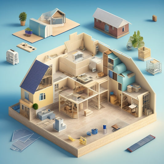 A stylized illustration of a house with various sections (roof, walls, floors) unfolding like a puzzle, revealing a calendar with marked milestones and checkboxes, surrounded by construction tools and blueprints.