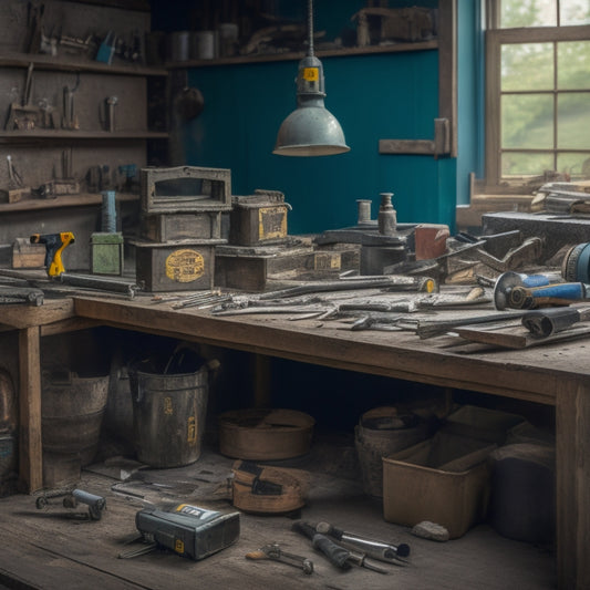 A cluttered workbench with a variety of tools and materials scattered around, including a circular saw, drill, level, tape measure, hammer, and boxes of screws, nails, and blocks, surrounded by a partially demolished wall in the background.