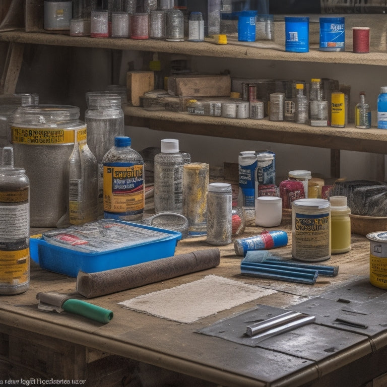 A messy, well-used workbench with various Budget-Friendly Adhesives' packaging and tools scattered around, including a half-empty tube of caulk, a bottle of wood glue, and a roll of duct tape.