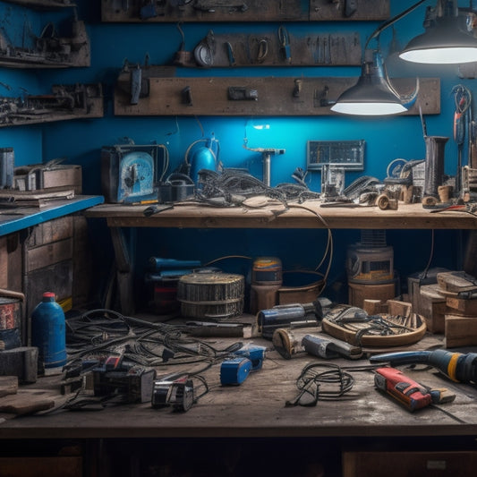 A cluttered workbench with various electrical installation tools, including a drill, wire strippers, pliers, and a multimeter, surrounded by rolls of wire, circuit breakers, and a half-assembled lighting fixture.