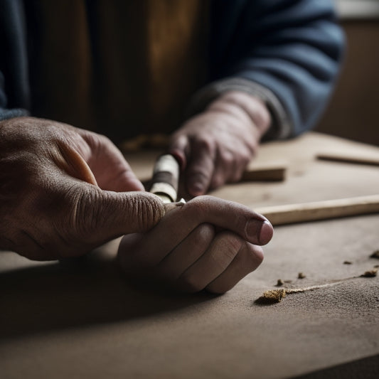A close-up of a person's hands holding a joint sealing tool, with a faint background of a renovation site featuring torn-out flooring, exposed walls, and scattered construction materials.