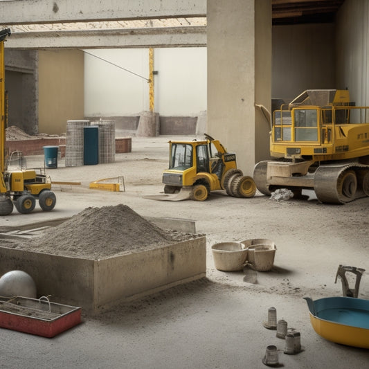 A cluttered construction site with a partially renovated concrete floor, surrounded by essential tools: a bull float, tamping machine, edger, and level, amidst scattered concrete mix and warning signs.