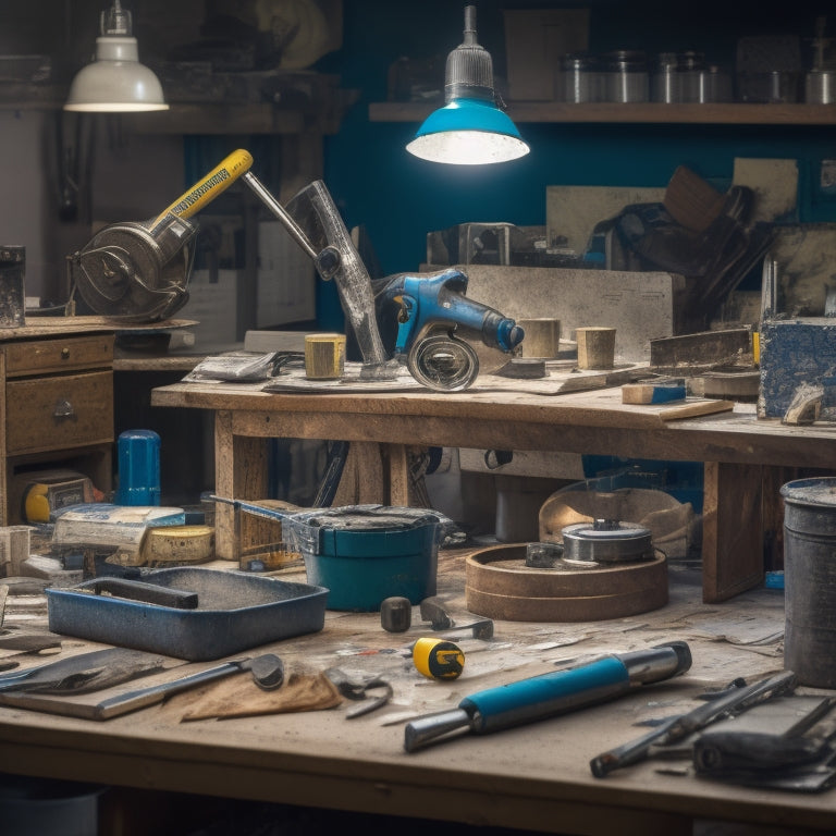 A cluttered workbench with a drill press, circular saw, level, stud finder, hammer, tape measure, and a bucket of paint surrounded by scattered blueprints and renovation plans.
