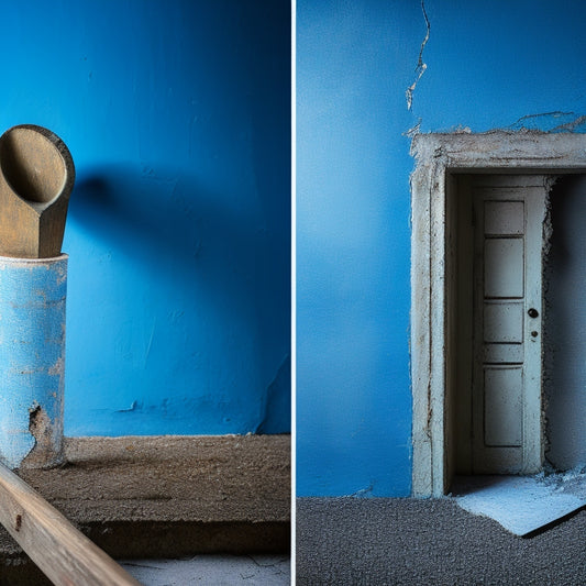 A split-image composition featuring a cracked wall with peeling paint on one side and a smooth, freshly repaired wall with a subtle sheen on the other, with a faint hint of a hammer and toolbox in the background.